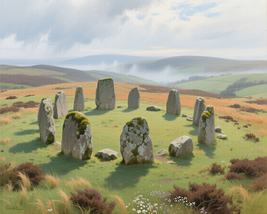 A bird's-eye view of an ancient stone circle standing silent on a windswept moor, at the start of a humid summer, in the 1890s.