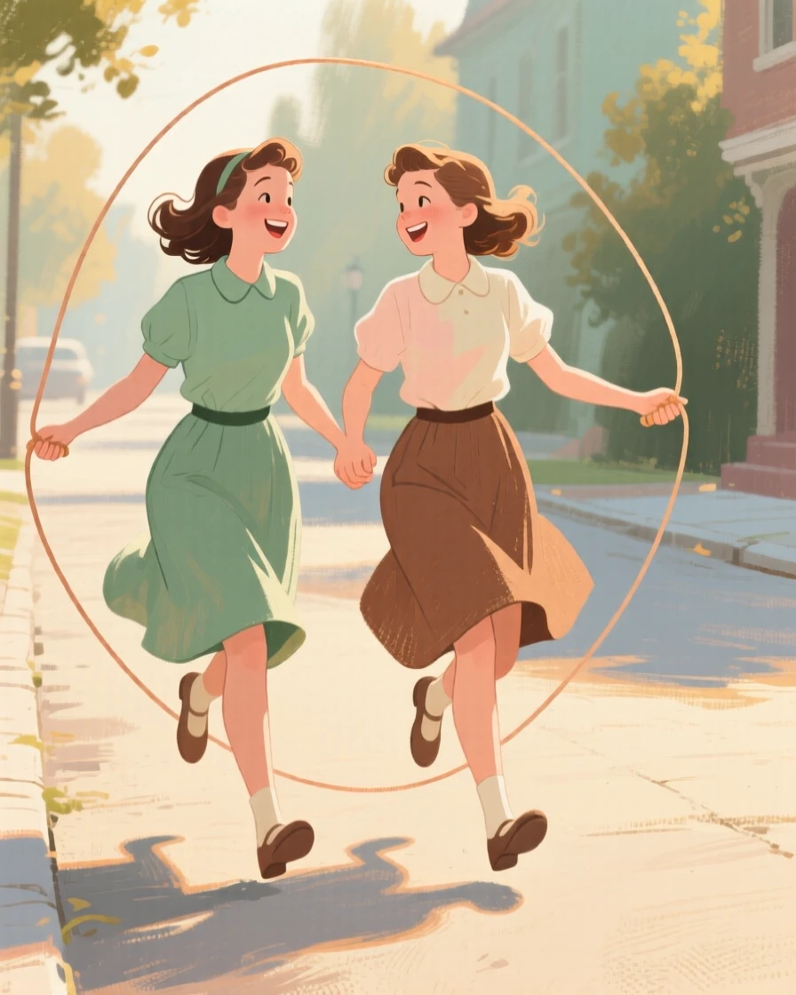 Two sisters skipping rope together on a quiet street