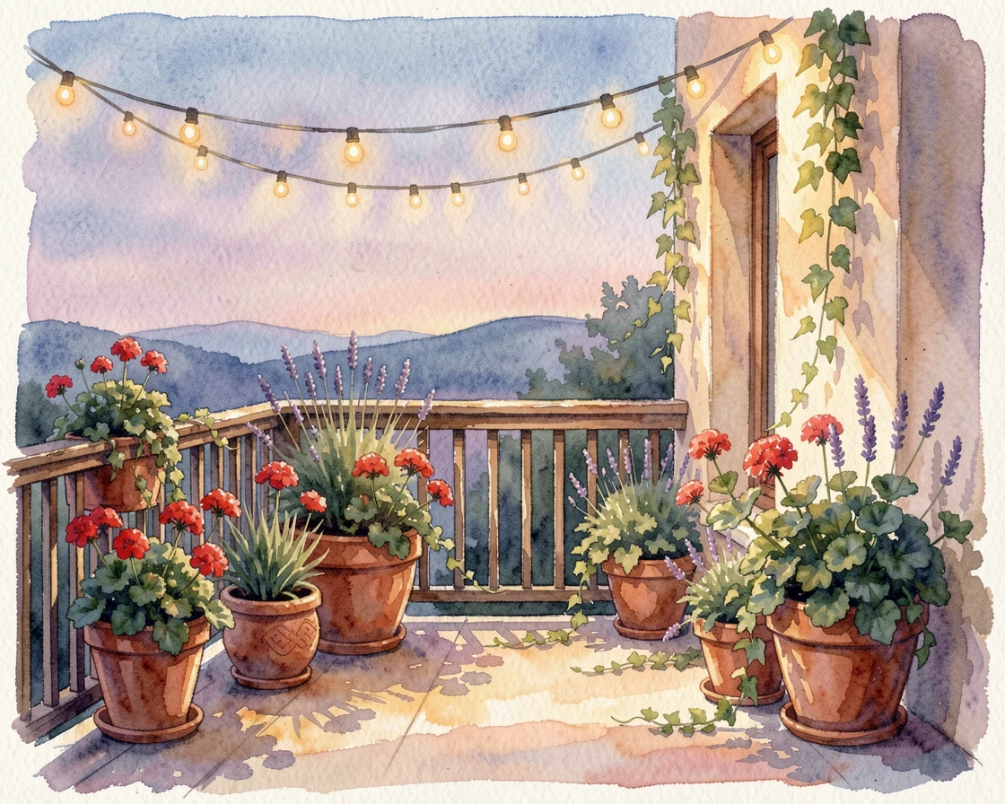 A balcony with string lights and potted flowers with warm string lights glowing.