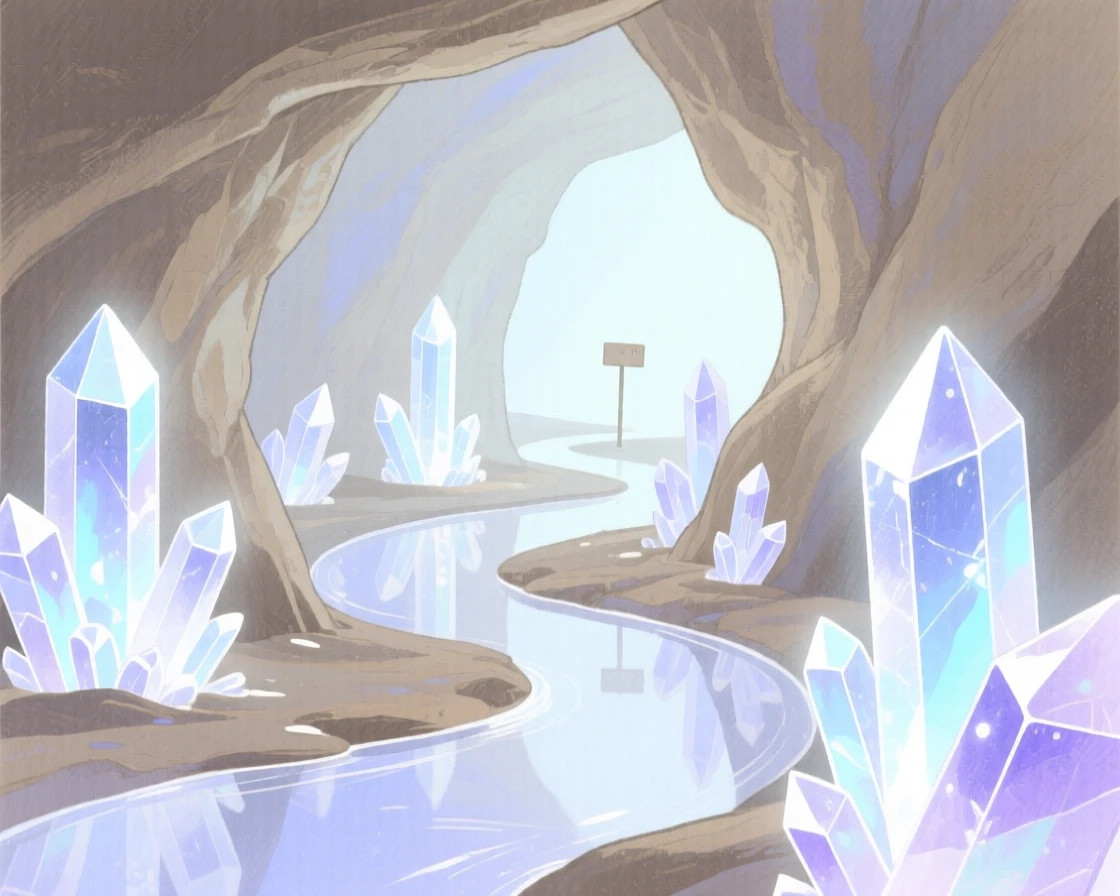A dreamlike scene of a hidden crystal cave, where every path glimmers faintly with light, inviting quiet wonder and imagination