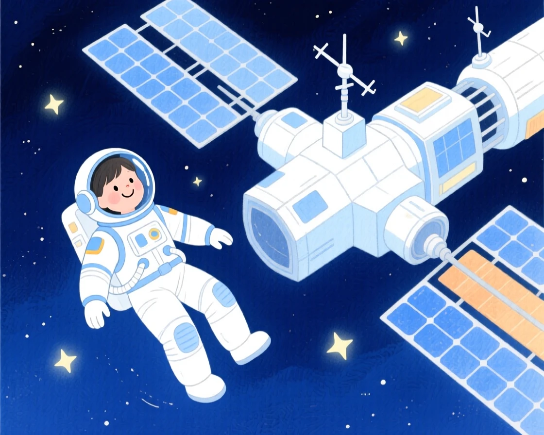 An astronaut floating weightlessly beside a space station, full of wonder and discovery.