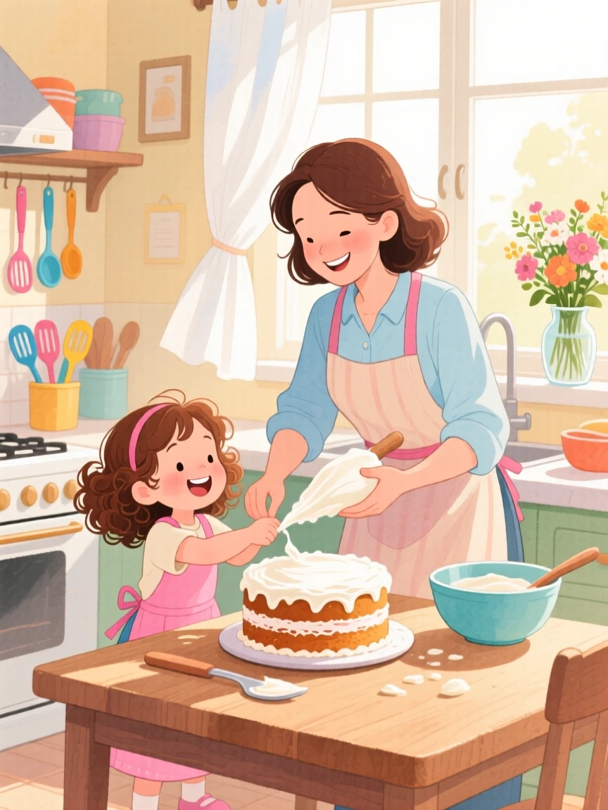 A little girl helping her mother frost a cake in a sunlit kitchen, radiating delicious coziness.