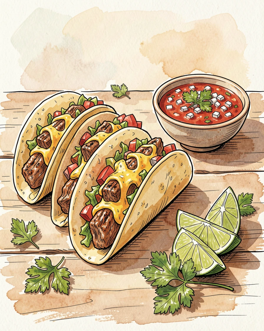 A colorful taco spread with lime wedges, salsa, and fresh cilantro, the aroma almost palpable in the soft afternoon light.