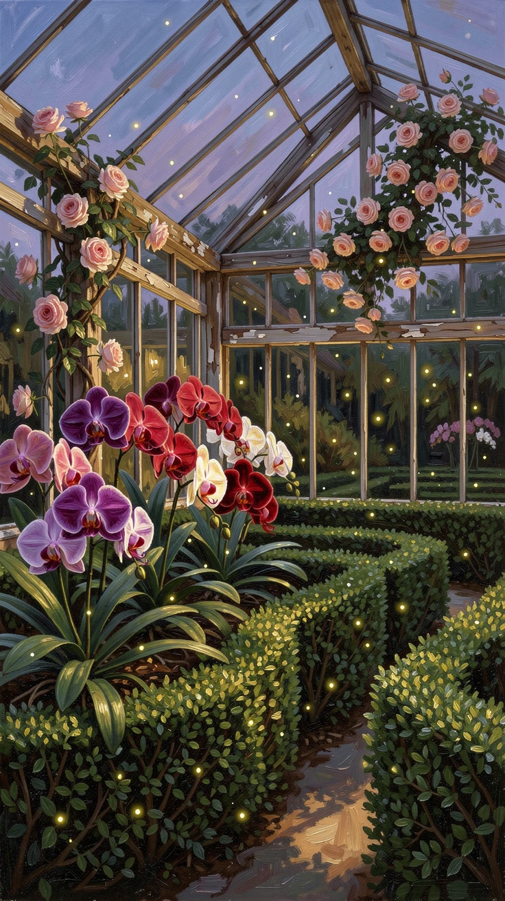 A greenhouse filled with exotic orchids, surrounded by a low boxwood hedge maze, climbing roses spilling over an old wooden trellis, at dusk, fireflies beginning to flicker among the blossoms.
