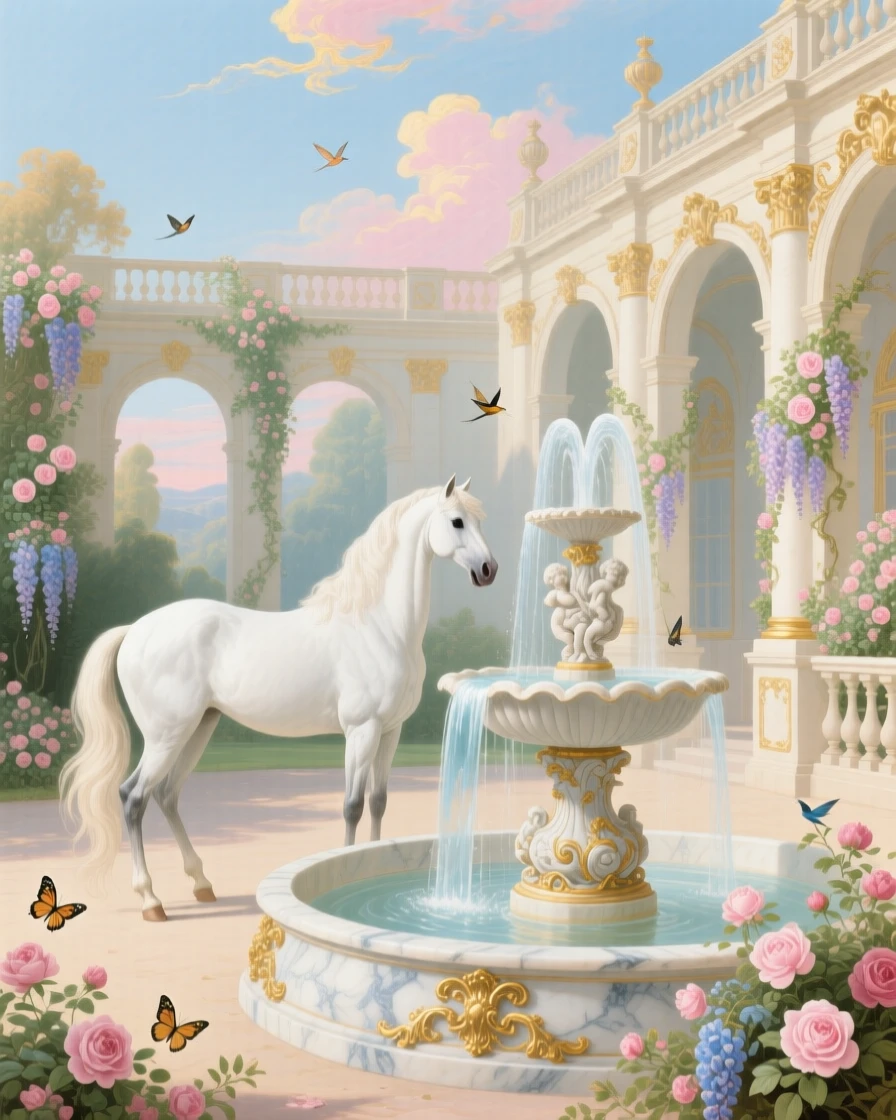 A white horse standing beside a marble fountain in a palace courtyard  