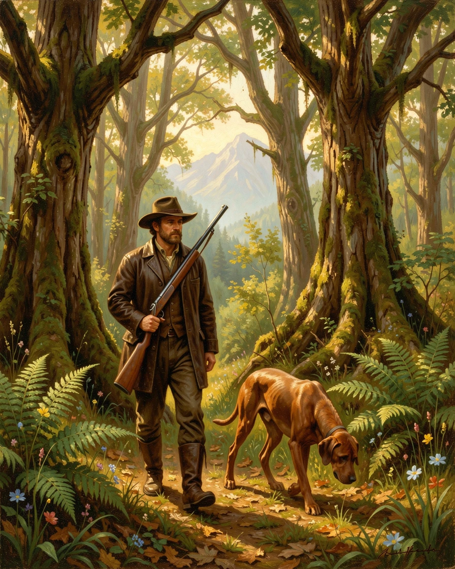 A hunter and his dog move quietly through a dense woodland.