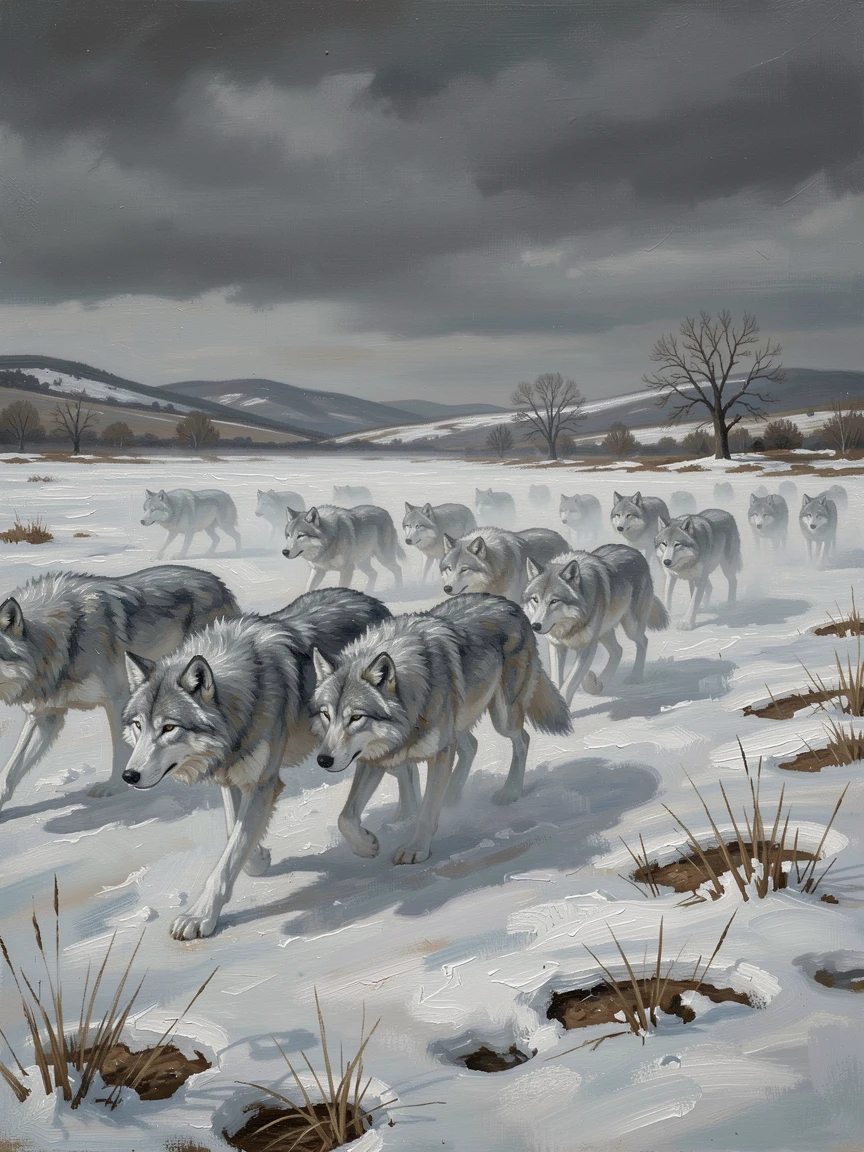 A pack of spectral wolves running silently across a snow-covered field, with a sense of scale that conveys awe and grandeur, blending fantasy imagination with striking photorealistic detail