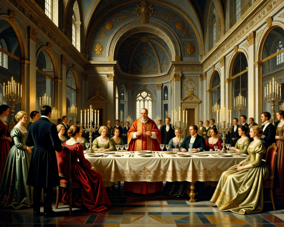 A cardinal blessing a noble gathering in a grand cathedral amid the elegant bustle of a formal evening, set within a mirrored ballroom lit by hundreds of candles, with fine china, crystal goblets, and candelabras adorning the table; warm candlelight pools around the principal figures against a cooler backdrop, capturing the warmth of family bound by legacy.