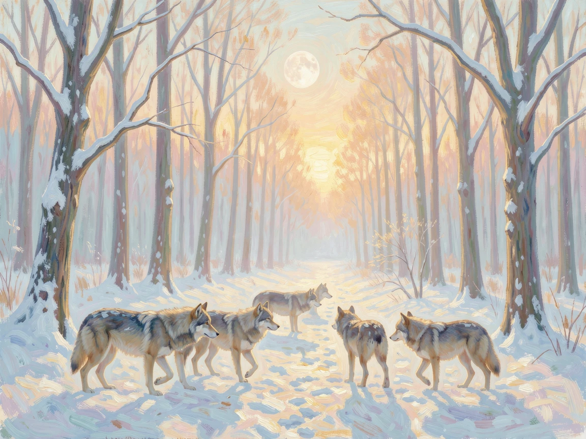A wolf pack moving silently through a snow-covered forest under a full winter moon, at golden sunrise, evoking a sense of peace and quiet wonder.