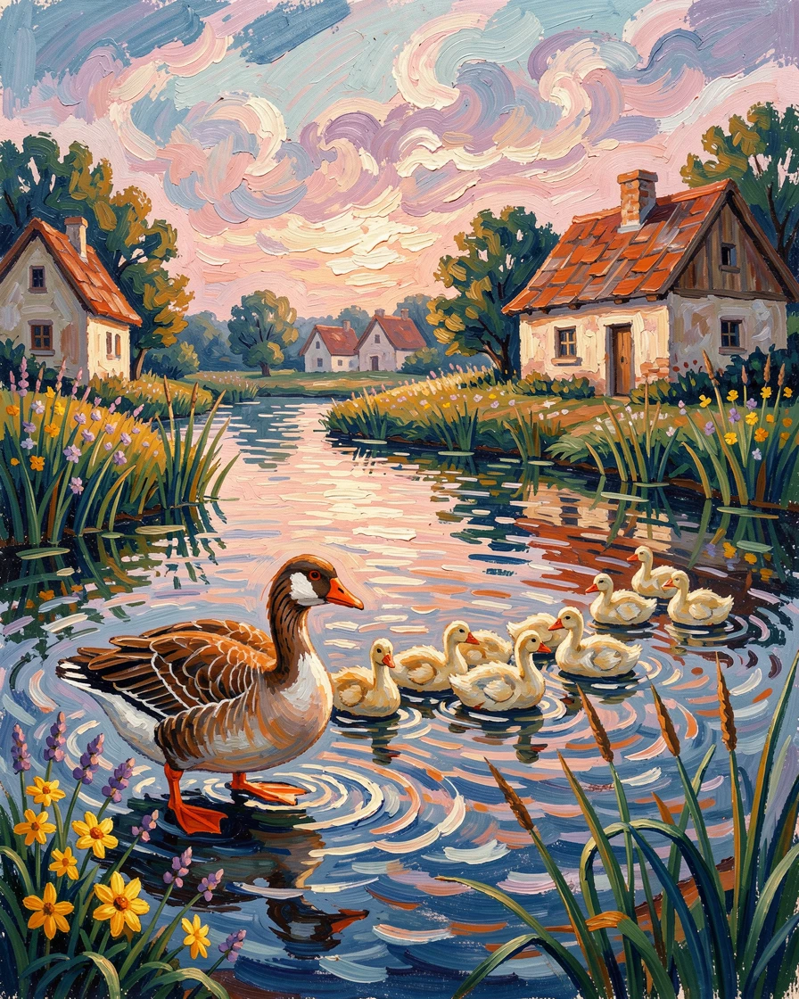 A mother goose leading her goslings across a village pond in a neat line.