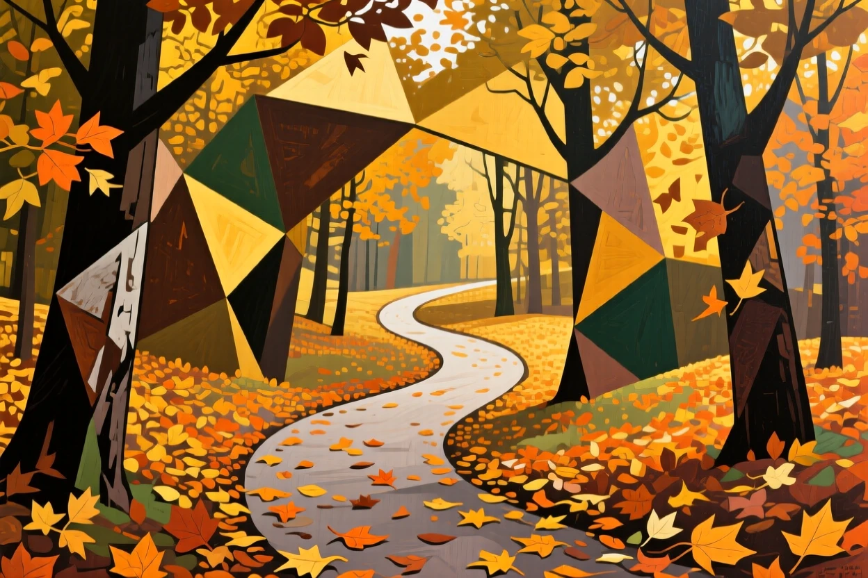 A winding path through a golden autumn forest carpeted with fallen leaves.