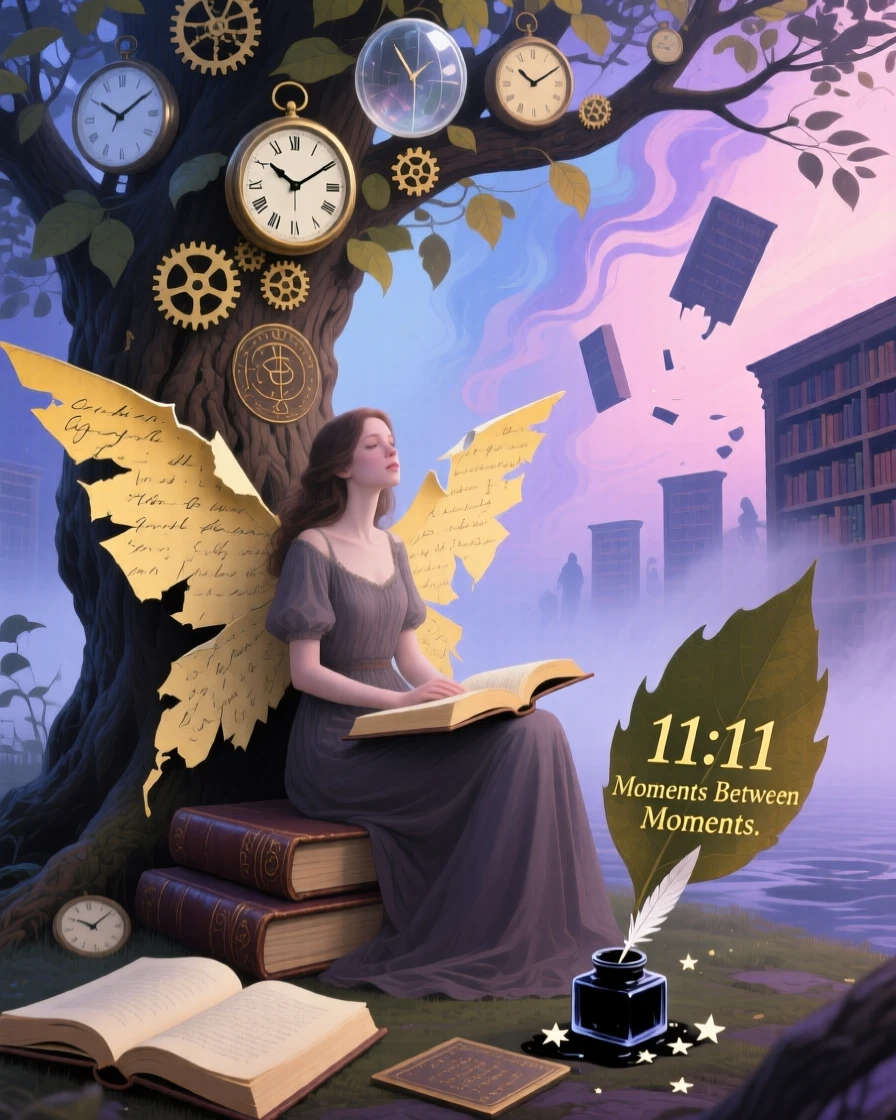 A woman with wings made of torn book pages sits beneath a tree whose leaves are made of clock faces, while the world around them fades into soft watercolor mist.