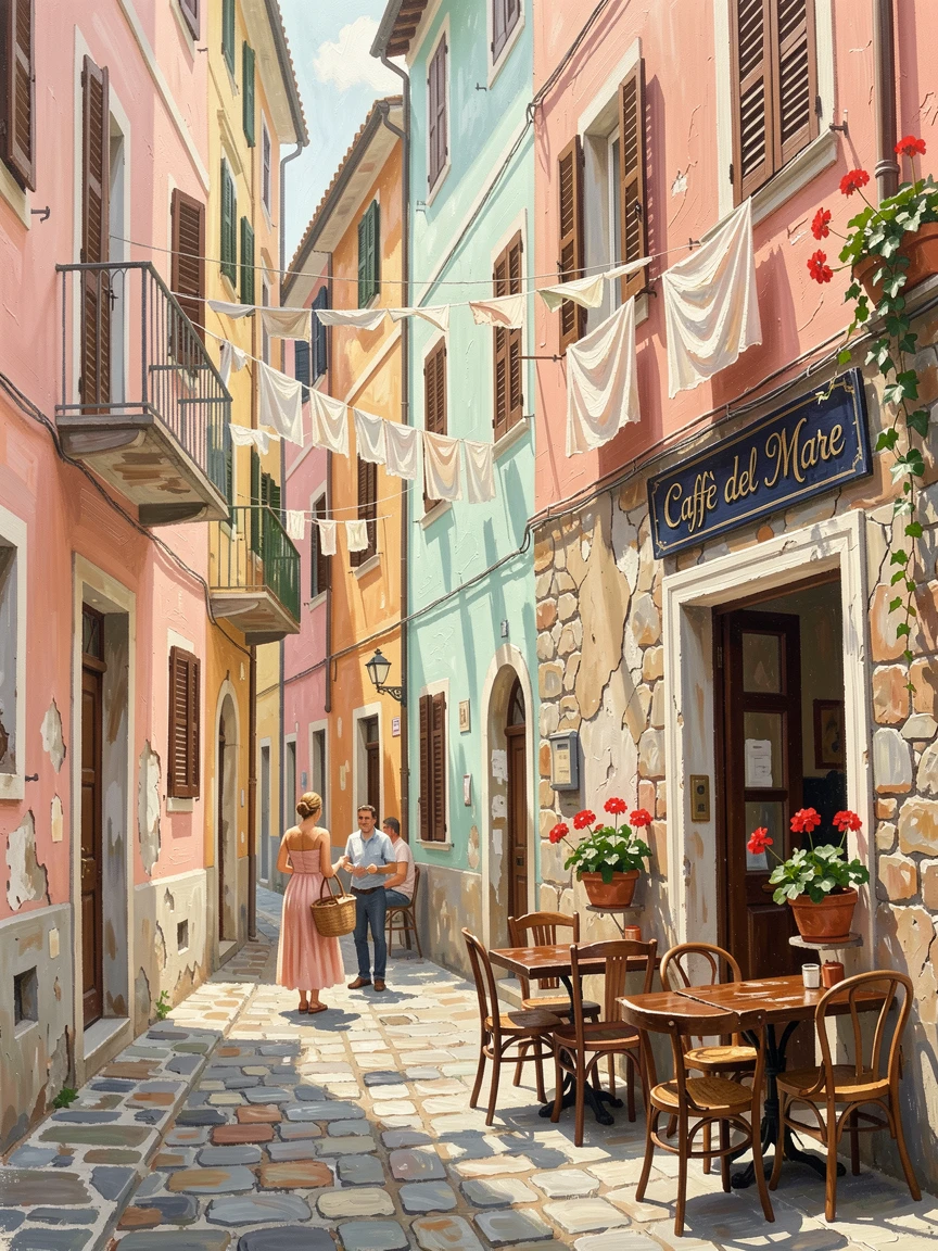 A narrow cobblestone street in Cinque Terre winds between pastel-colored buildings, laundry lines strung between windows above a small café with outdoor tables, the play of light across weathered surfaces revealing decades of history in every wall.