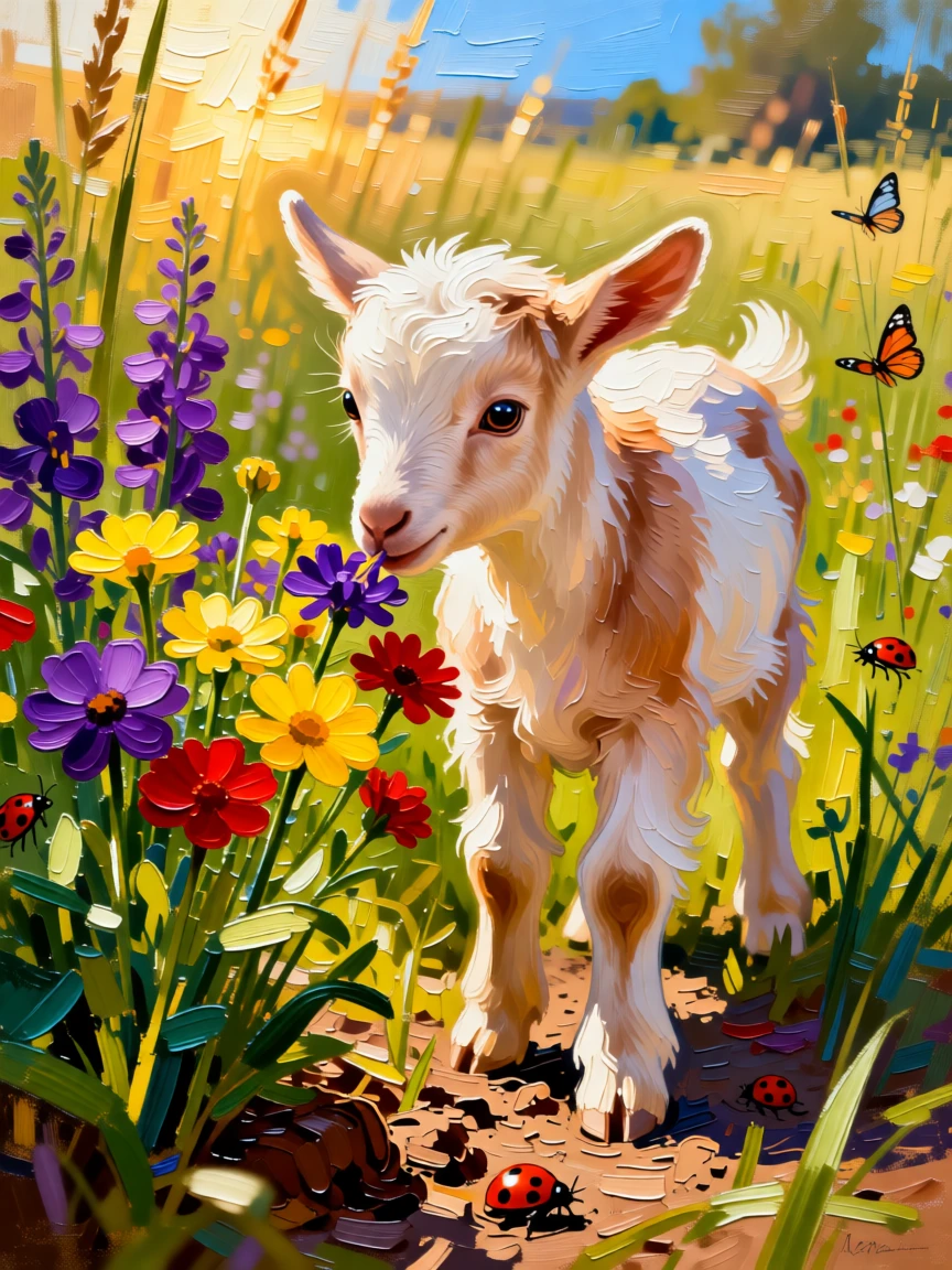 A heartwarming photo of a baby goat exploring a patch of wildflowers for the first time