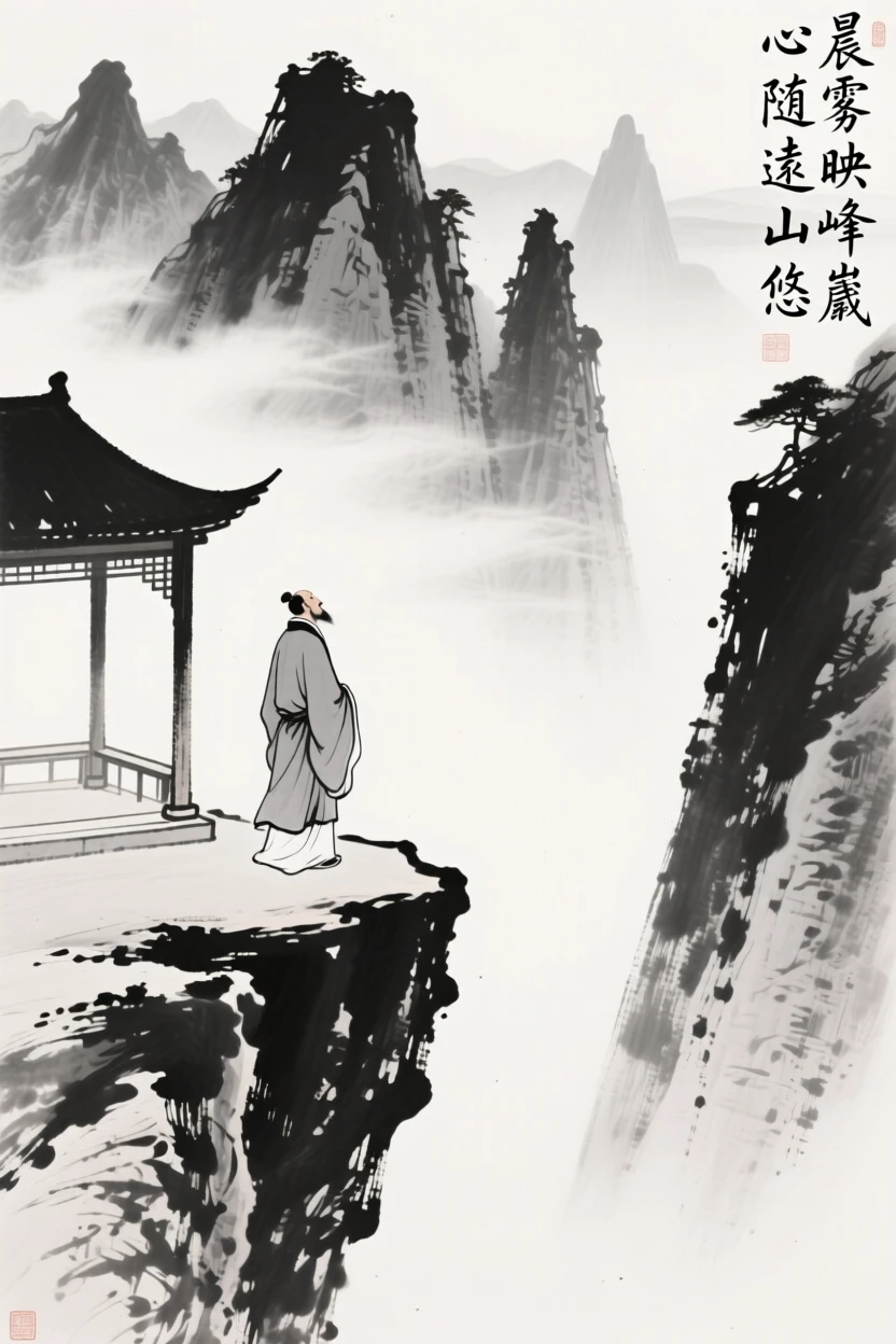 A scholar gazes out over a valley from a cliffside pavilion, with distant peaks rising through the morning mist.