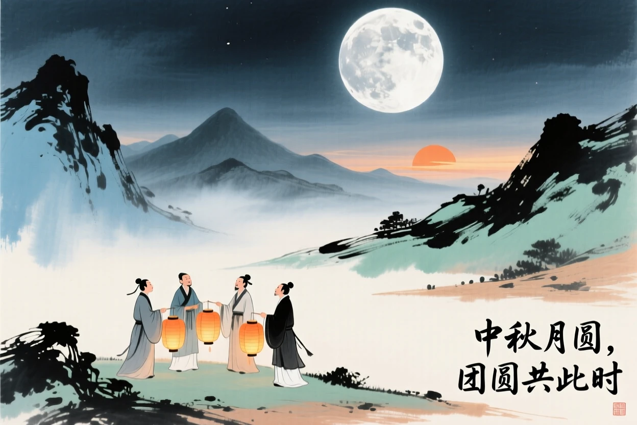 A mid-autumn festival gathering with lanterns lit beneath a full moon, as the sun sets behind distant peaks.