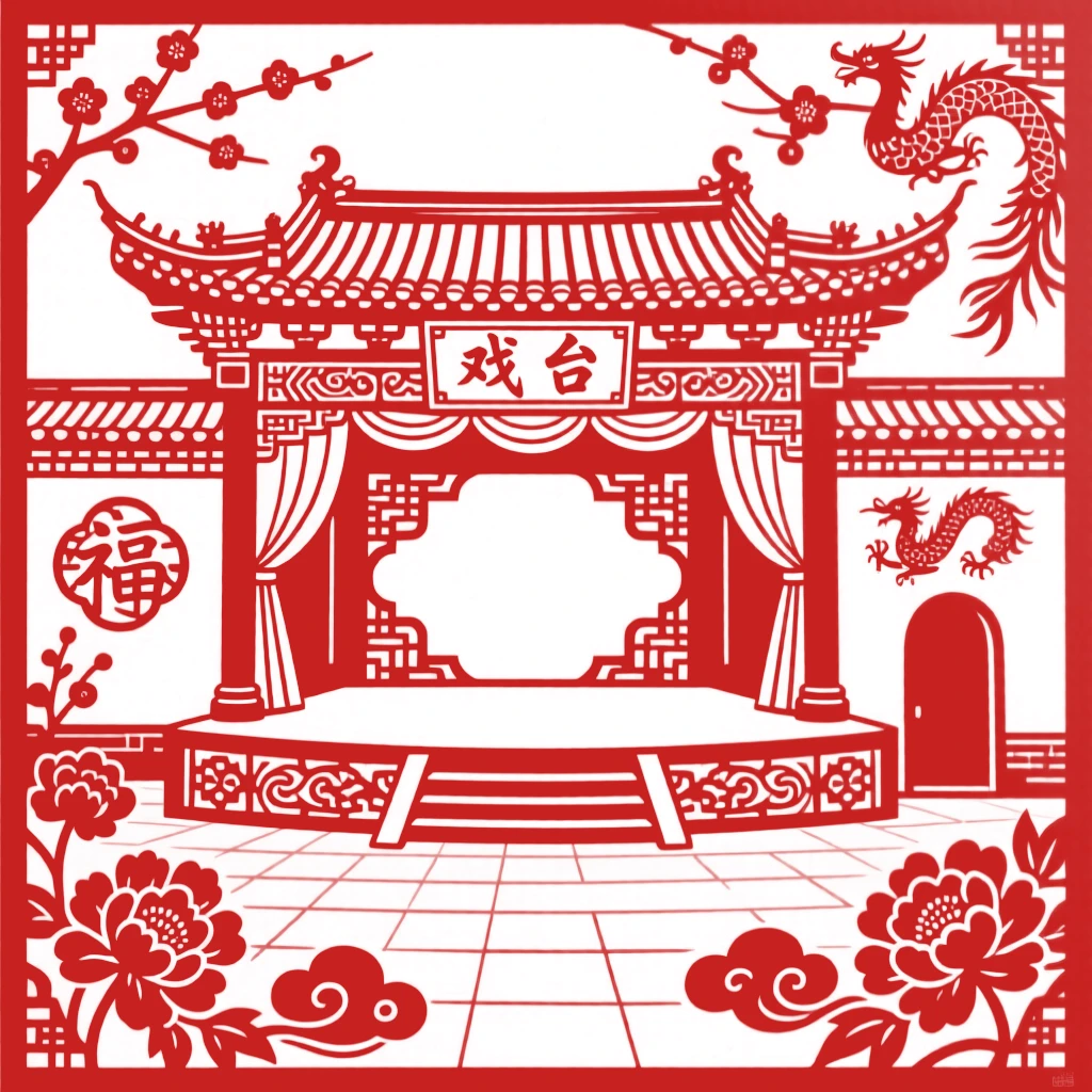 A grand theater stage within a temple courtyard, elaborate carved eaves framing a performance below