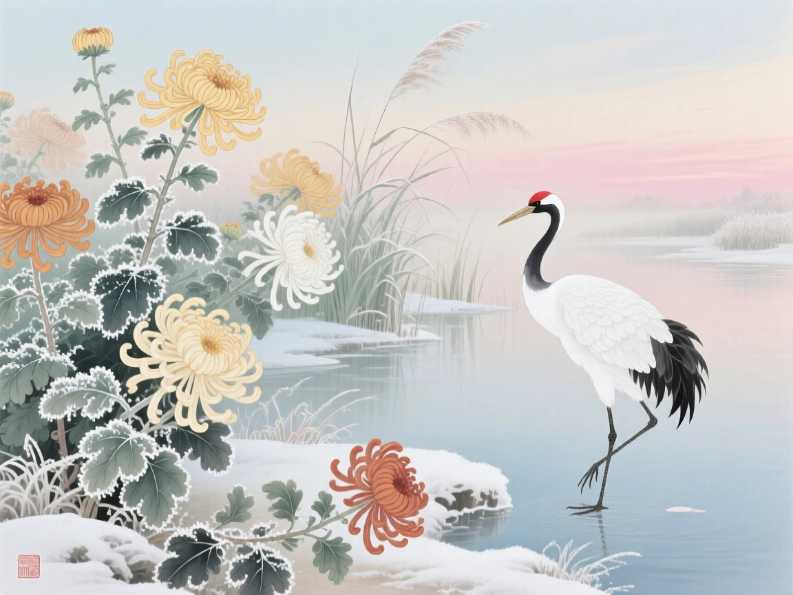 A frost-covered chrysanthemum garden at first light in early winter, with a lone crane standing at the water's edge
