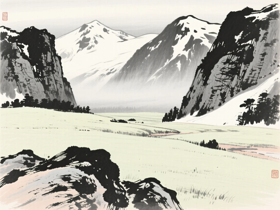 A high alpine meadow bordered by snow-capped ridges beneath towering rock walls softened by haze, framed low, with the foreground rocks leading the eye toward the distance, suggesting the quiet vastness of the natural world.