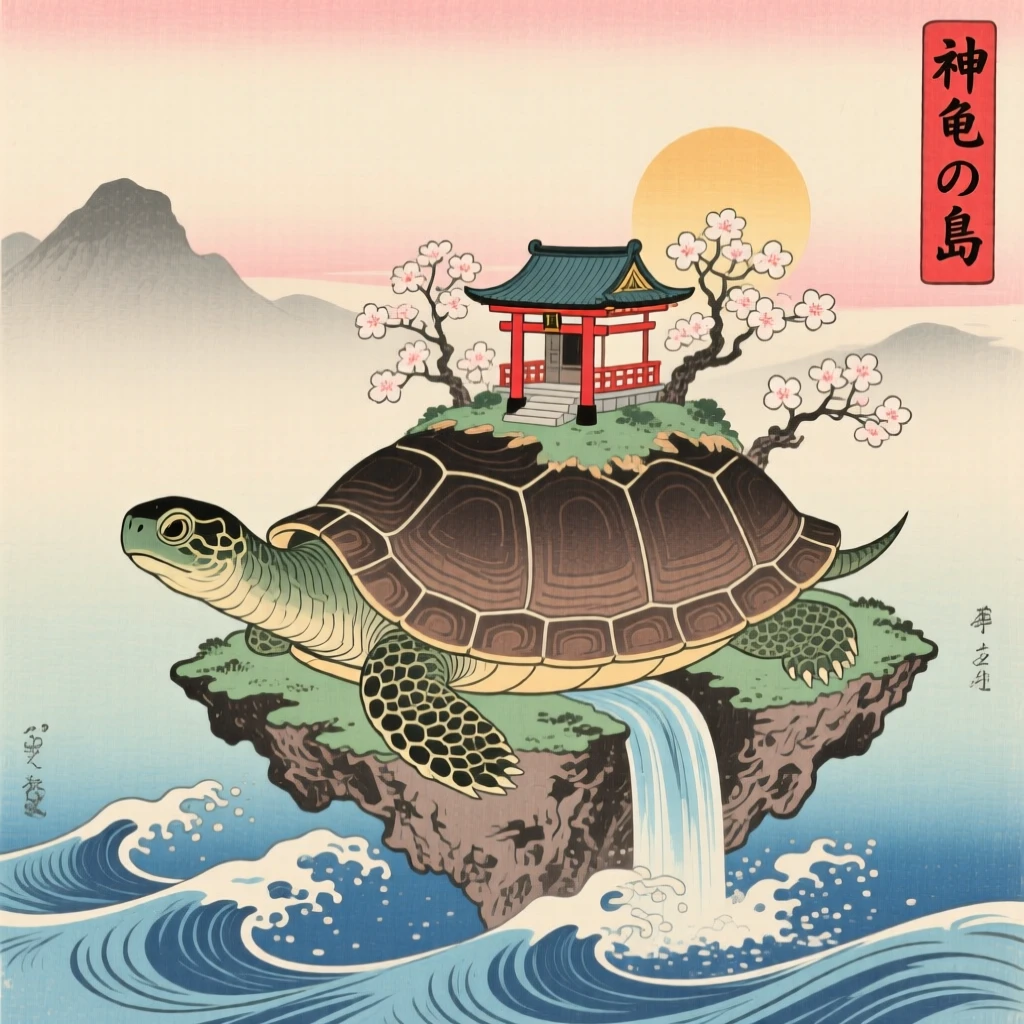 An ancient turtle spirit carrying a small floating island on its shell.