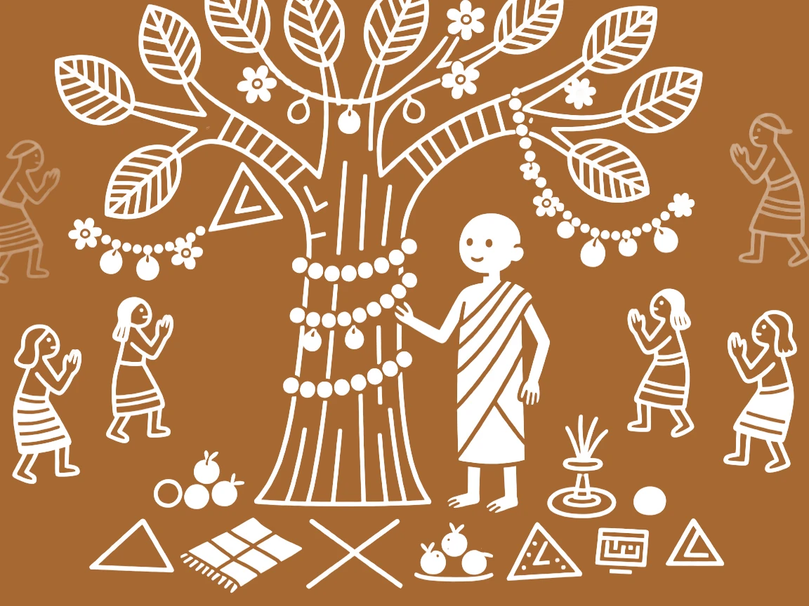 A young monk beside a sacred tree wrapped in offerings.