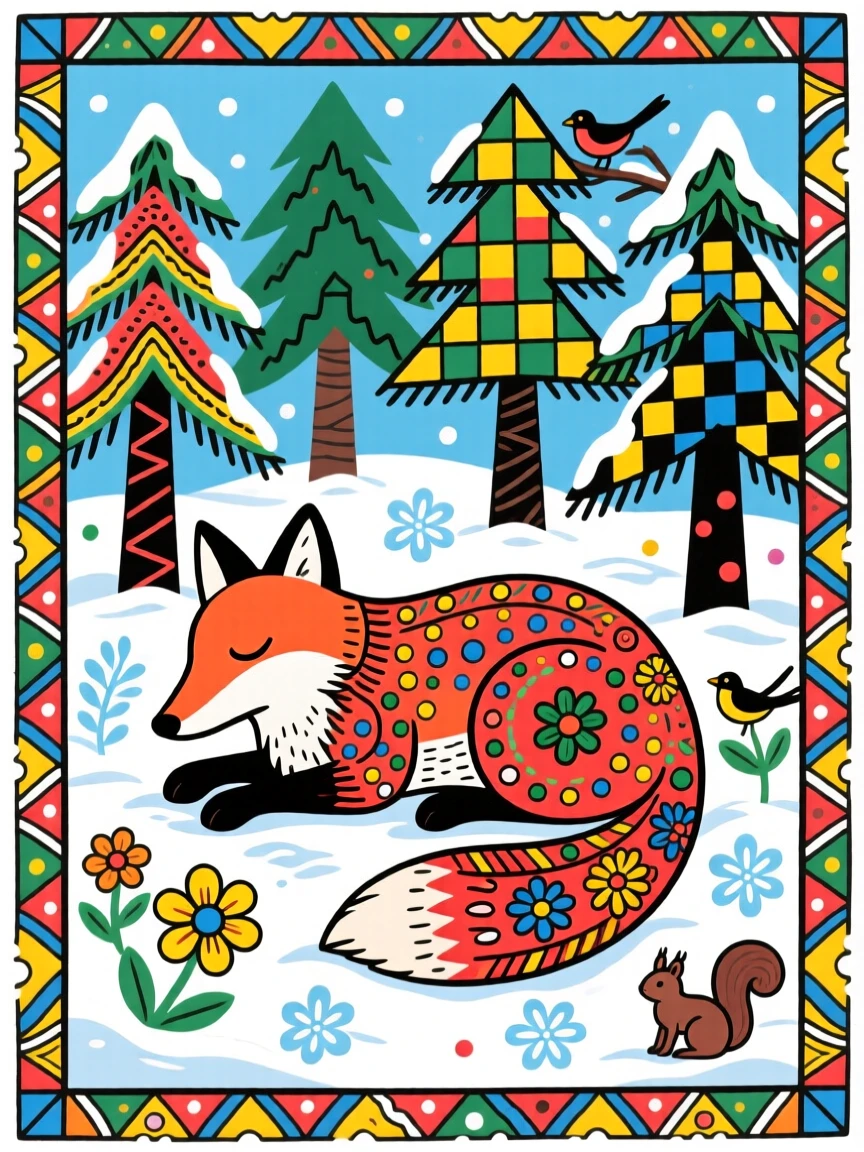 A fox resting quietly in a snow-covered pine forest.