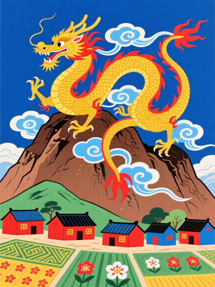 A golden dragon watching over a village from a mountain peak.