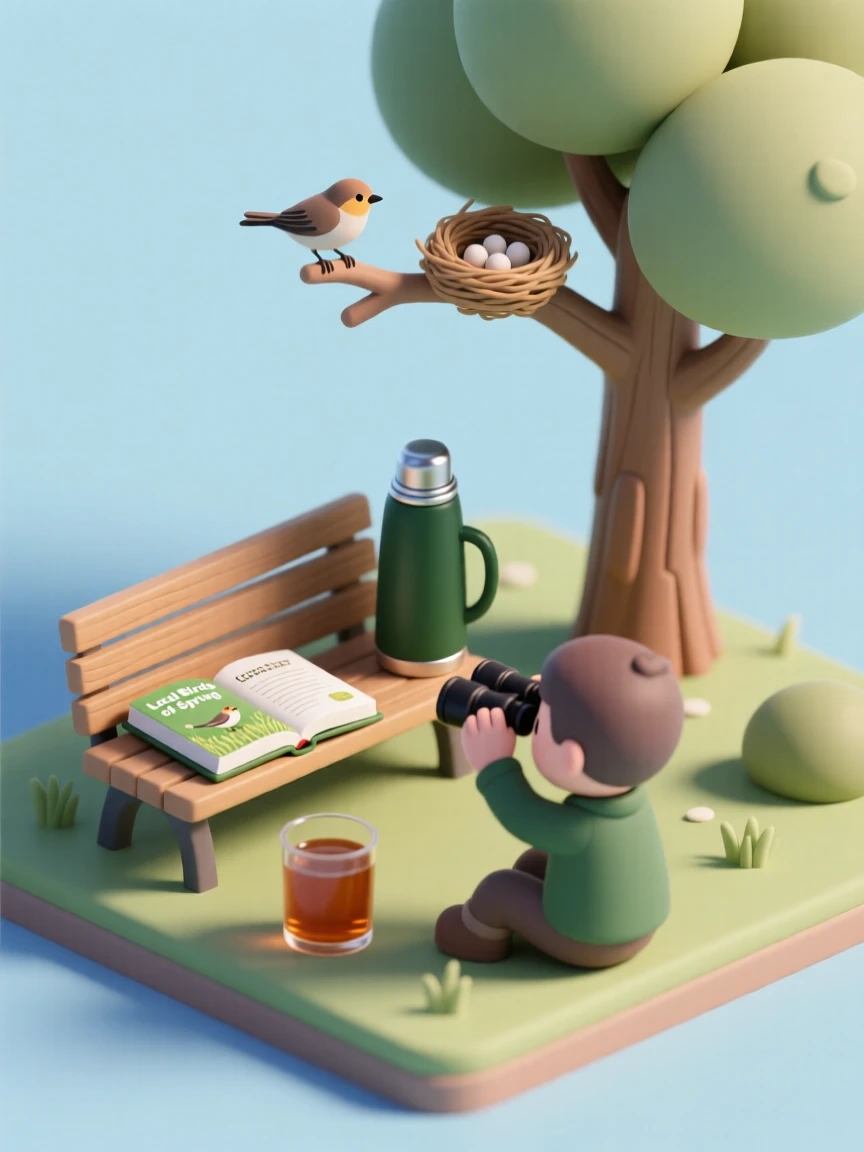 A birdwatching outing with binoculars raised toward a distant nest, a field guide open on a nearby bench, and a thermos of tea.