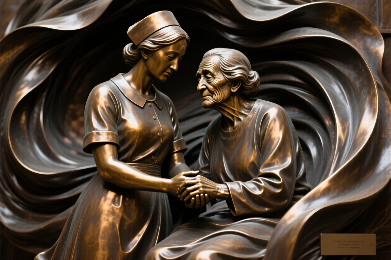A nurse holding the hand of an elderly patient, amid a swirl of dramatic drapery, forming a strong central focal point