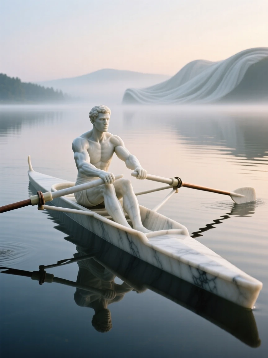 A vivid, emotionally rich scene of a rower gliding across a still lake at dawn, captured with cinematic depth and detail, designed to captivate and inspire