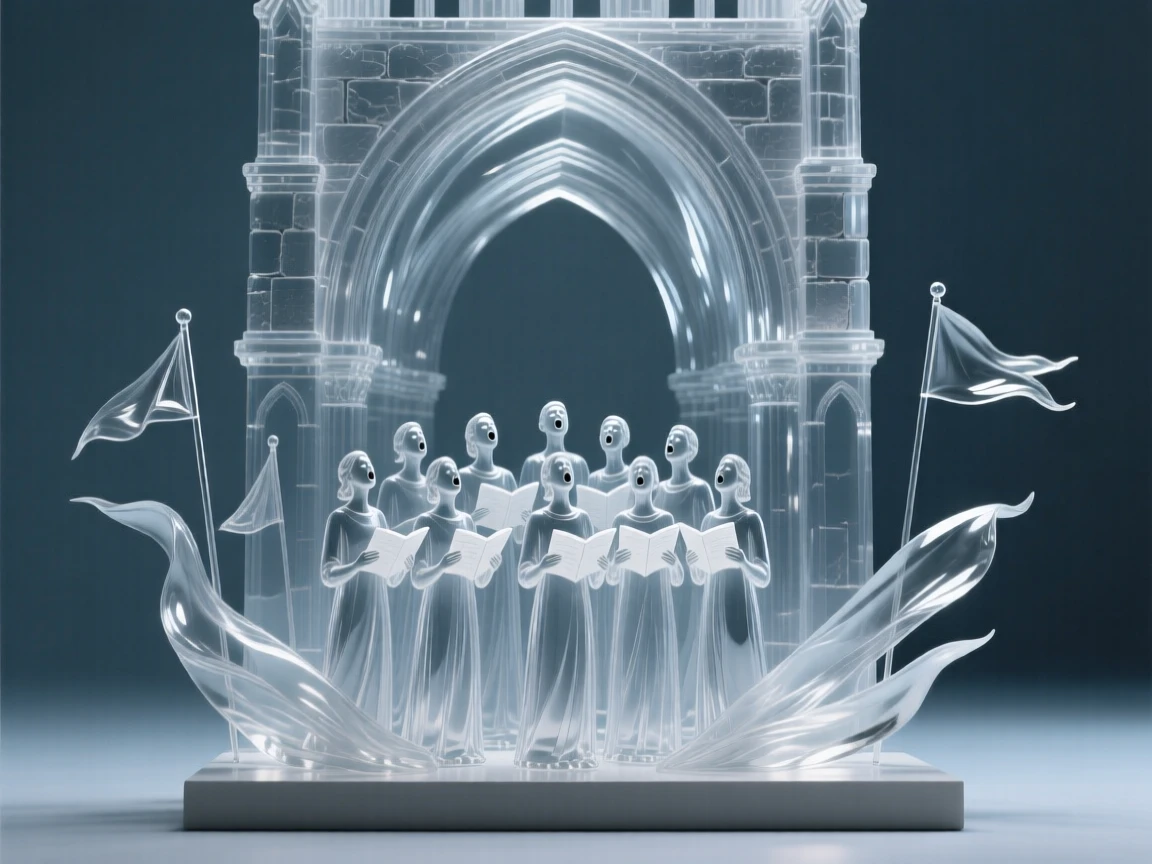 A choir singing together beneath the arches of a stone cathedral, as a gentle breeze stirs the surrounding fabric and flags