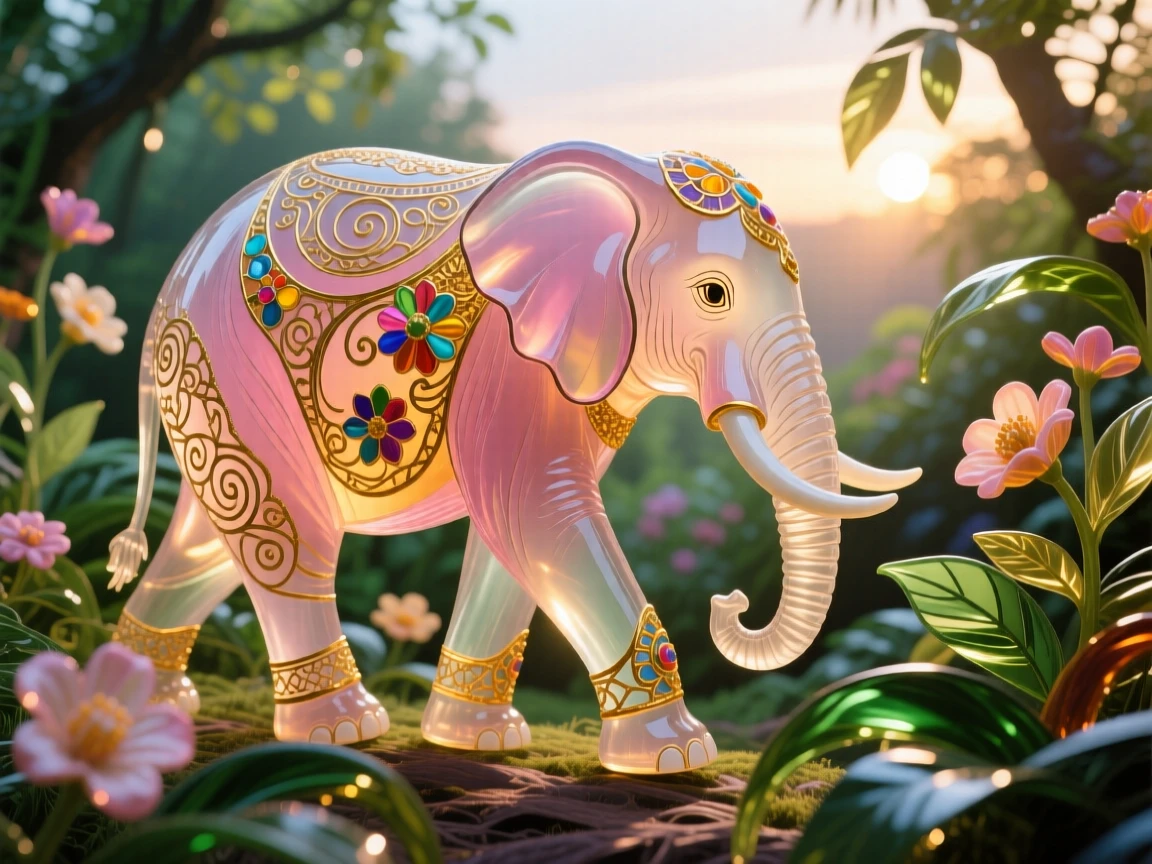 A wise elephant painted with intricate patterns walking through a blooming jungle at dawn, majestic and serene.