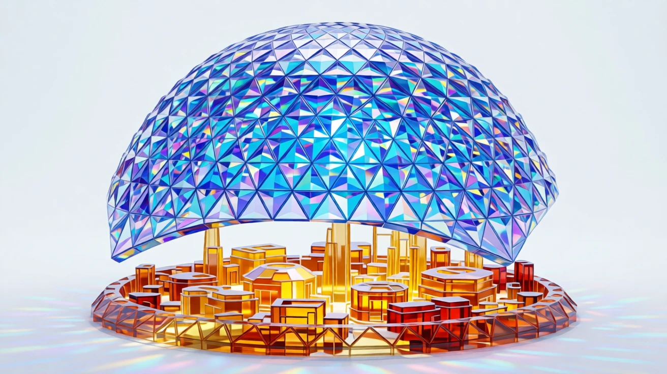 A glowing energy shield forming a dome over a futuristic desert settlement.