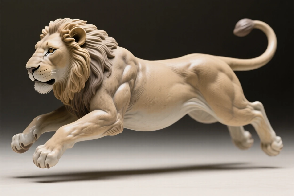 A resting lioness caught in a playful leap, with a soft breeze lifting its fur, radiating warmth and tender innocence.
