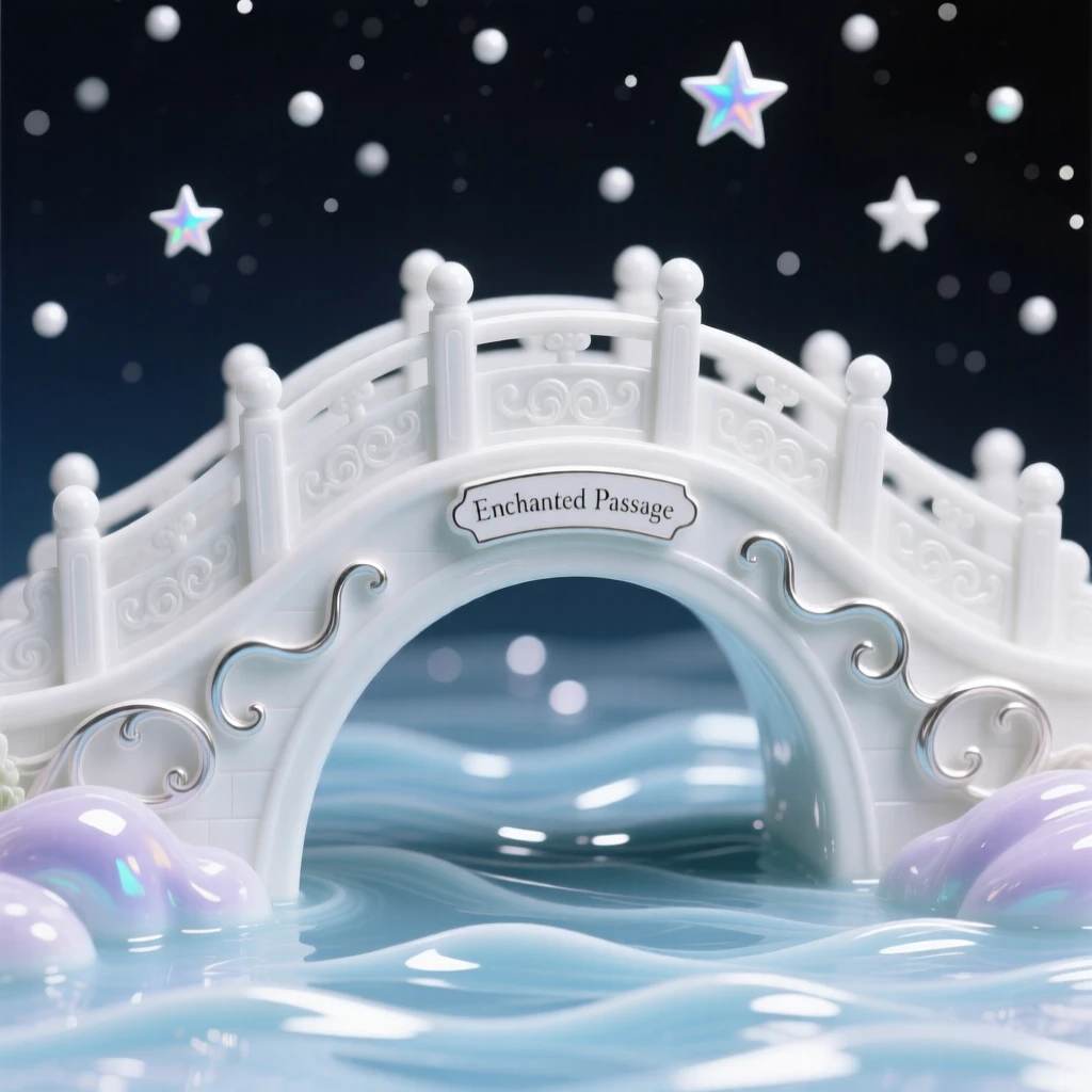 A magical enchanted bridge arching over a starlit river, softly glowing from within.