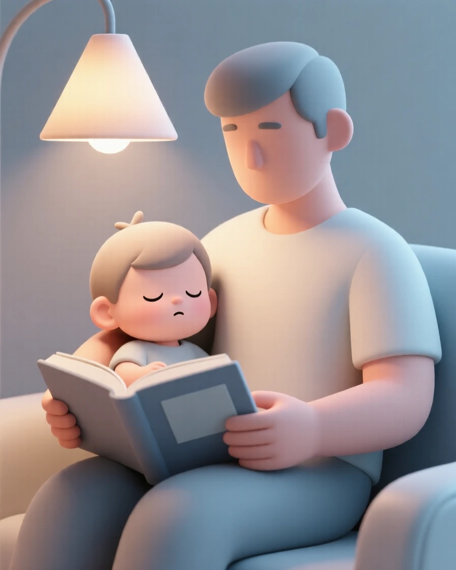 A sleepy toddler drifts off mid-story, book still open on a parent's lap beneath a soft reading lamp.
