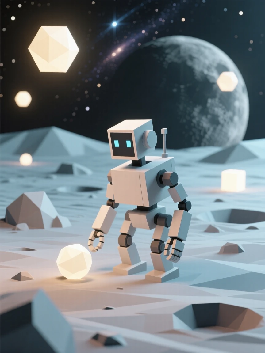 A robot exploring the surface of a distant moon, beneath the soft glow of distant galaxies. soft glowing light sources create a sense of depth and scale. It captures a feeling of peaceful isolation.