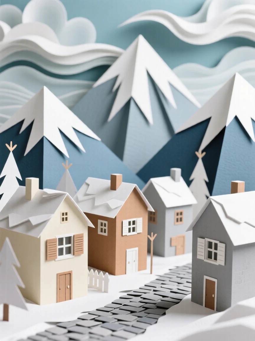 A snow-dusted alpine town framed by dramatic clouds overhead, with mountains rising dramatically in the background, evoking quiet, timeless beauty.