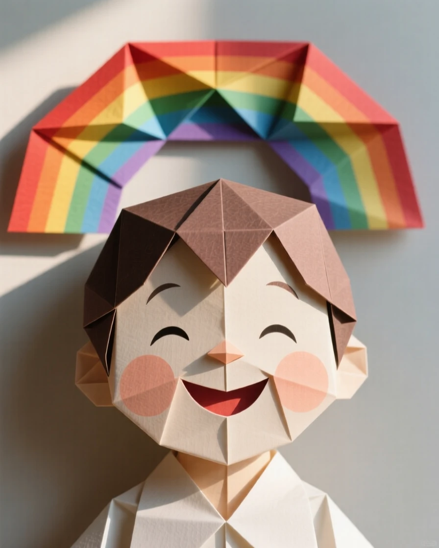 A child's face lighting up at the sight of a rainbow after a summer rainstorm.