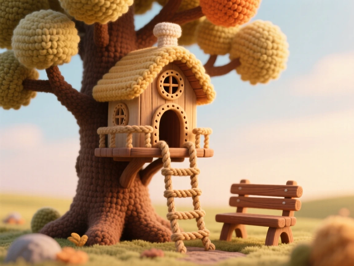 A tranquil view of a small wooden treehouse, with a rope ladder and a round window, nestled among the branches of a tall oak, beneath a wide open sky at golden hour, with a single wooden bench resting nearby, evoking a serene, storybook tranquility.