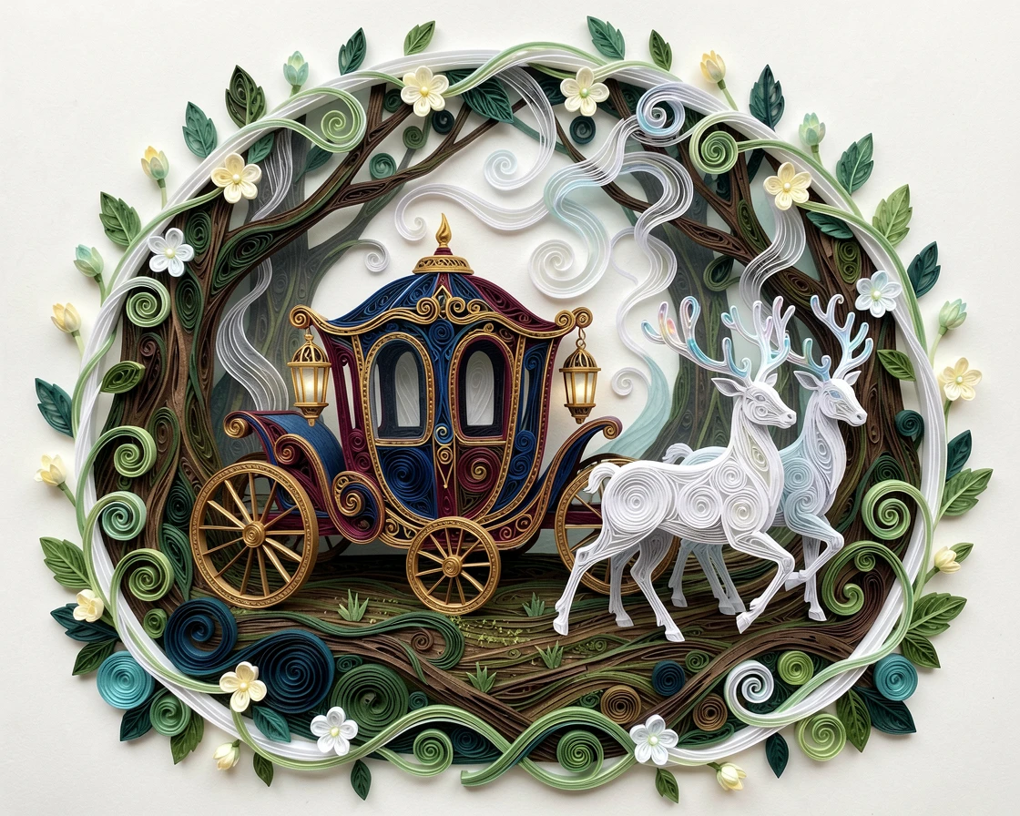 a fairy tale carriage pulled by glowing white stags, within an ancient enchanted forest, framed by an arch of twisting glowing vines, with delicate wisps of magical mist curling upward.