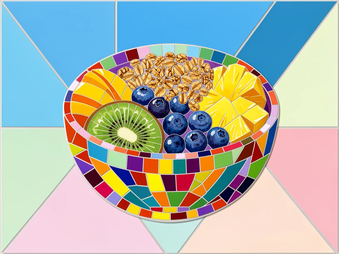A colorful bowl of fresh tropical smoothie topped with granola and fruit.