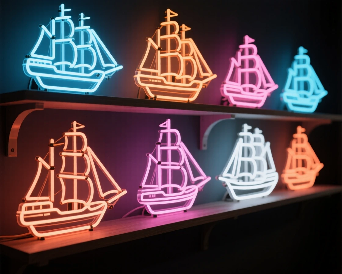 A shelf lined with model ships of varying sizes and eras.