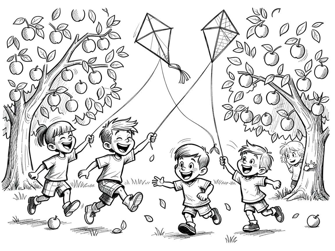 A group of children flying kites in an orchard during apple-picking season.