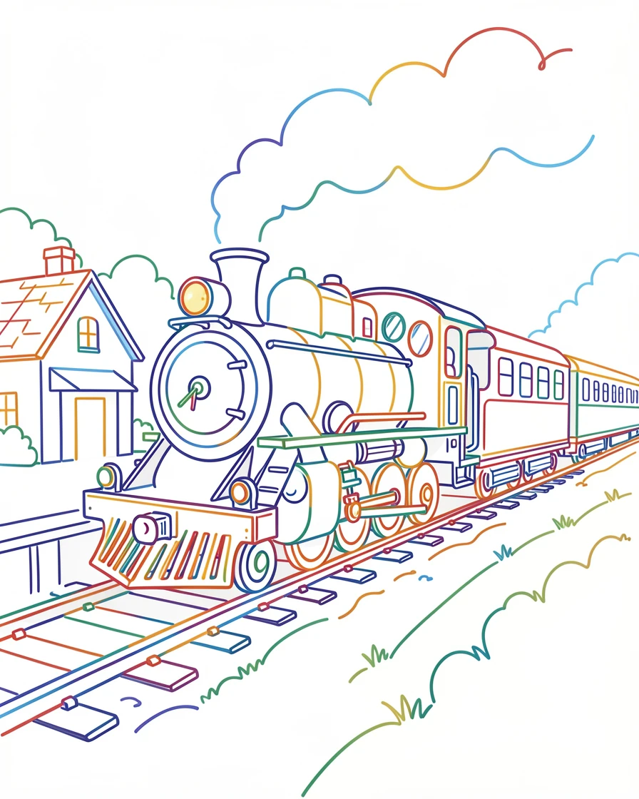 A vintage steam locomotive pulling into a small countryside station.