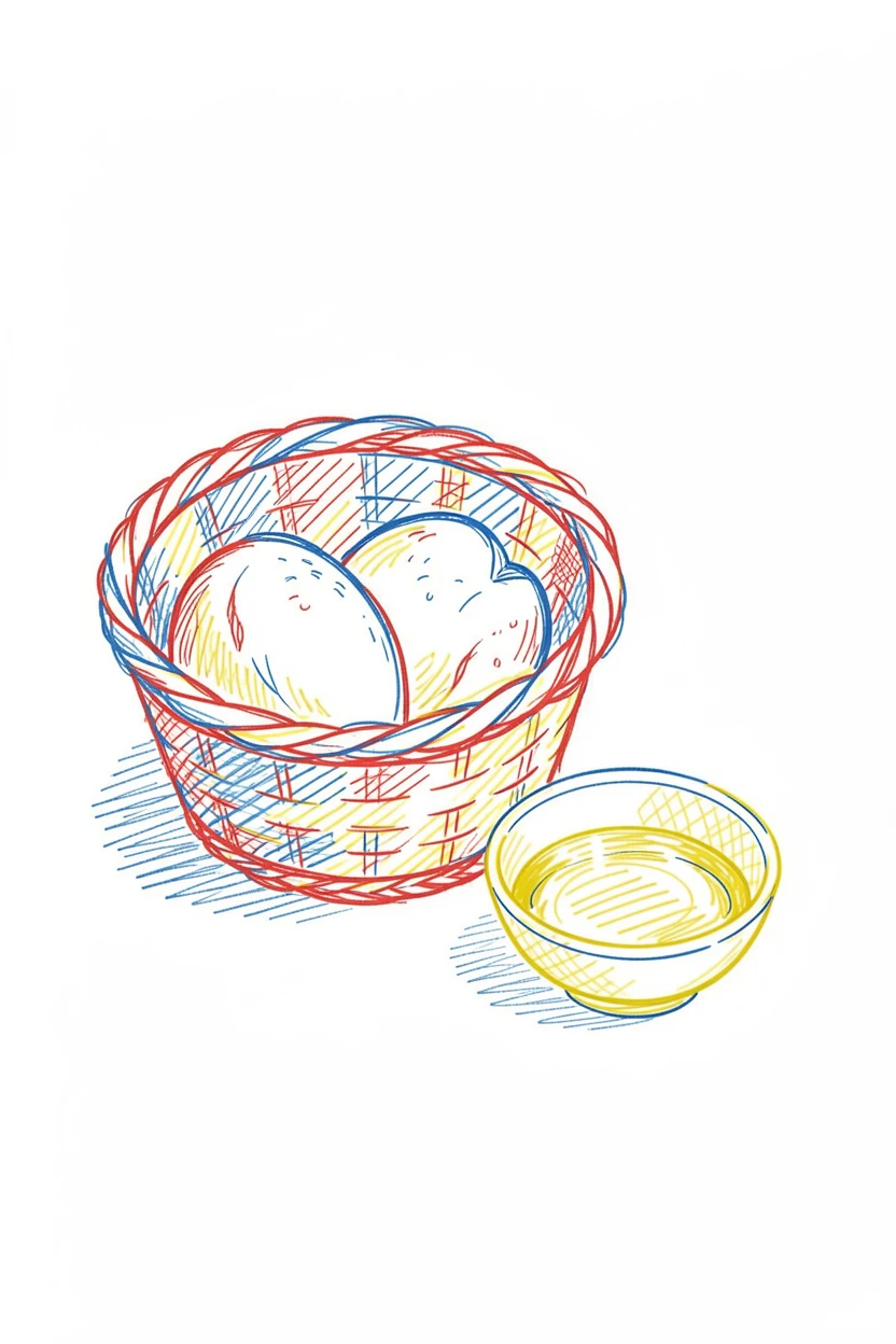 A rustic bread basket beside a bowl of golden olive oil for dipping
