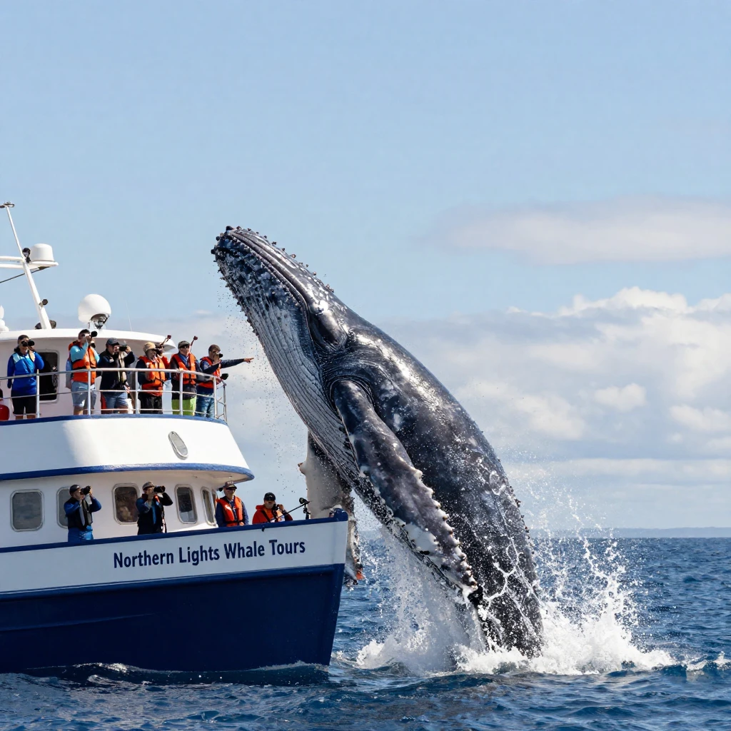 A whale watching boat capturing a breaching humpback