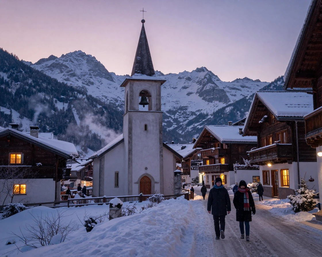 A tiny chapel bell rings out across a snow-covered alpine village at dusk.