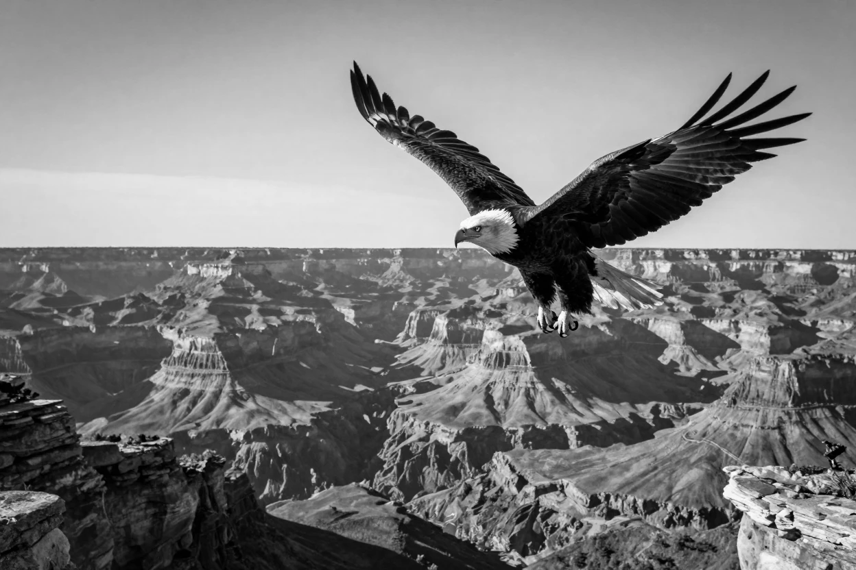 A bald eagle soars high above a dramatic canyon above rolling green hills.