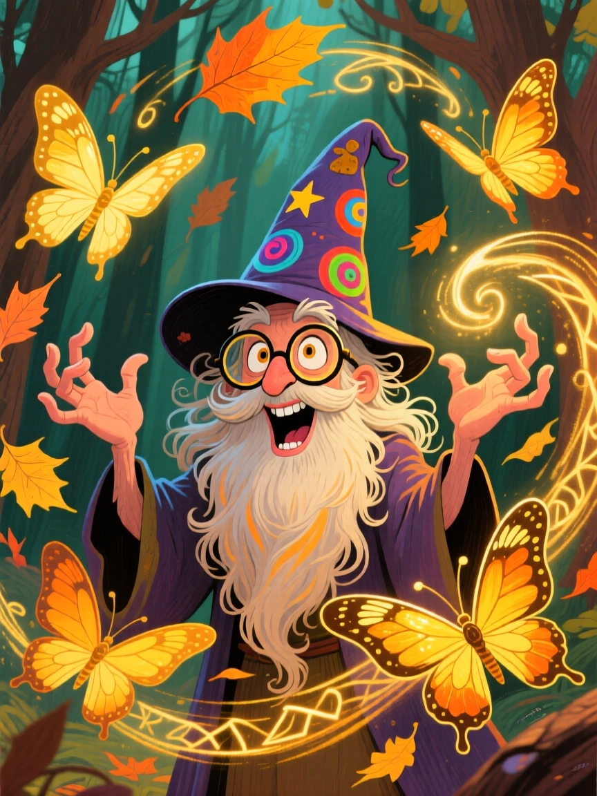 A wandering wizard casting a spell that turns falling leaves into golden butterflies.